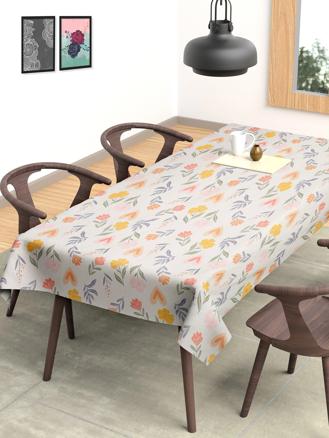 Arrabi Cream Floral Cotton Blend 8 SEATER Table Cover (215 x 150 cm)