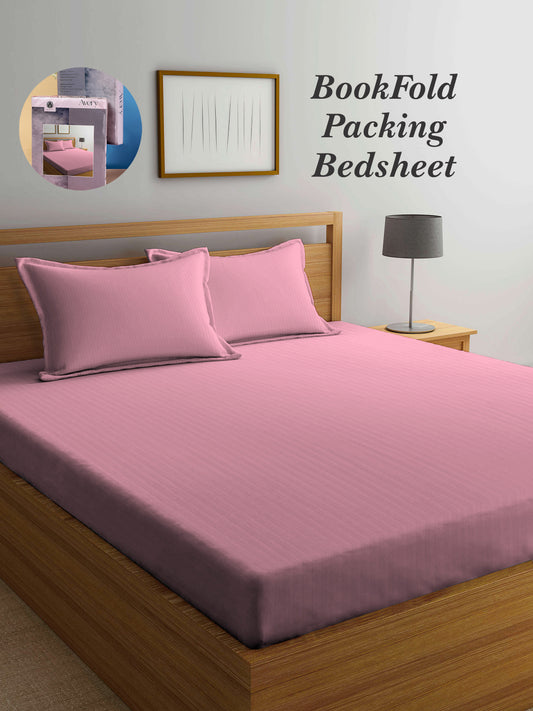 Arrabi Pink Stripes TC Cotton Blend King Size Bookfold Bedsheet with 2 Pillow Covers (250 X 220 cm)