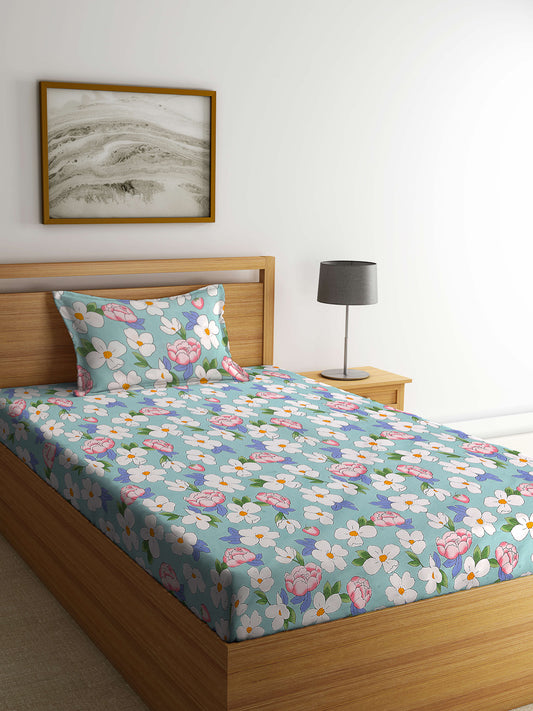 Arrabi Blue Floral TC Cotton Blend Single Size Bedsheet with 1 Pillow Cover (215 x 150 cm)