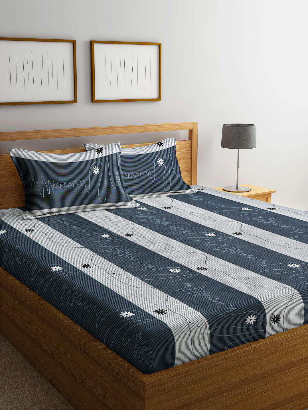 Arrabi Grey Stripes TC Cotton Blend King Size Bedsheet with 2 Pillow Cover (250 x 225 cm)