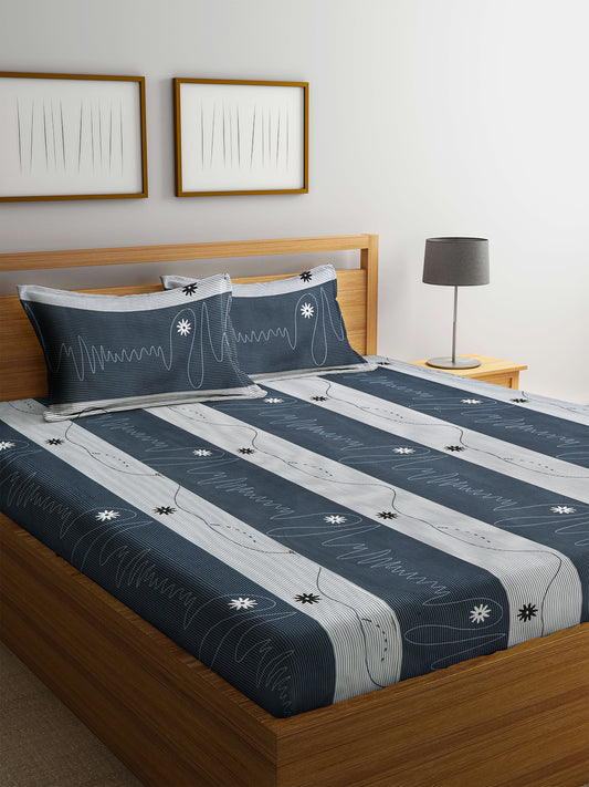 Arrabi Grey Stripes TC Cotton Blend King Size Bedsheet with 2 Pillow Cover (250 x 225 cm)