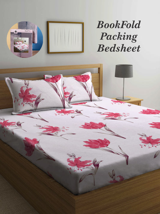 Arrabi Beige Floral TC Cotton Blend Super King Size Bookfold Bedsheet with 2 Pillow Covers (270 X 260 cm)