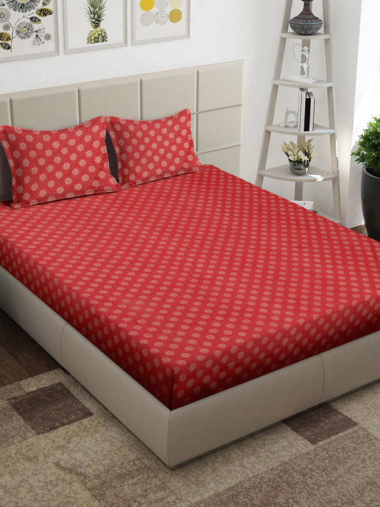 Arrabi Red Floral 100% Handwoven Cotton Super King Size Bedsheet with 2 Pillow Covers (270 x 260 cm)