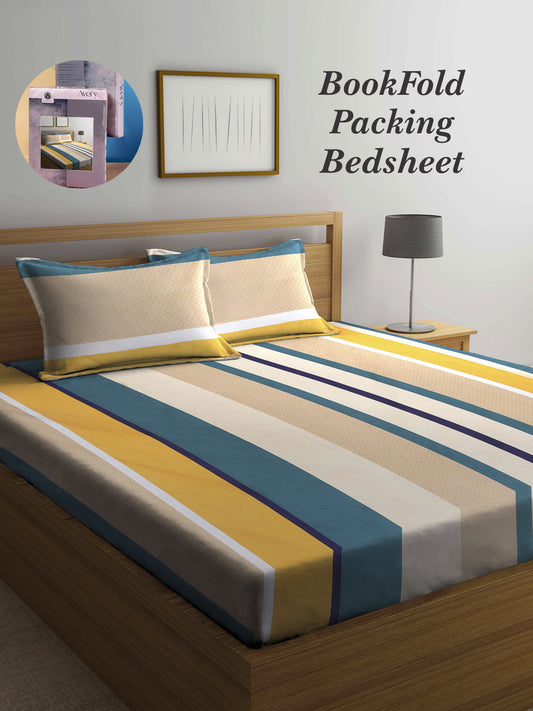 Arrabi Multi Stripes TC Cotton Blend King Size Bookfold Bedsheet with 2 Pillow Covers (250 X 220 cm)