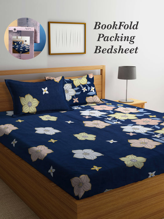 Arrabi Blue Floral TC Cotton Blend King Size Bookfold Bedsheet with 2 Pillow Covers (250 X 215 cm)