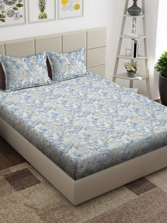 Arrabi Blue Floral TC Cotton Blend King Size Bedsheet with 2 Pillow Covers (250 x 215 cm)