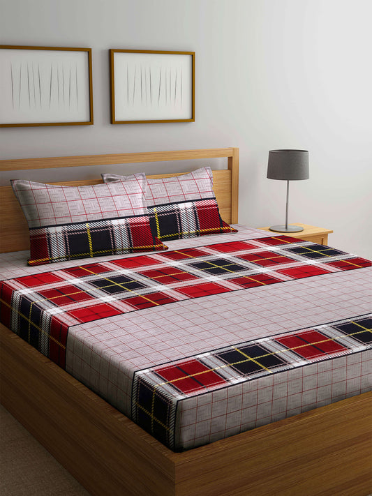 Arrabi Grey Check TC Cotton Blend Super King Size Bedsheet with 2 Pillow Cover (270 x 260 cm)