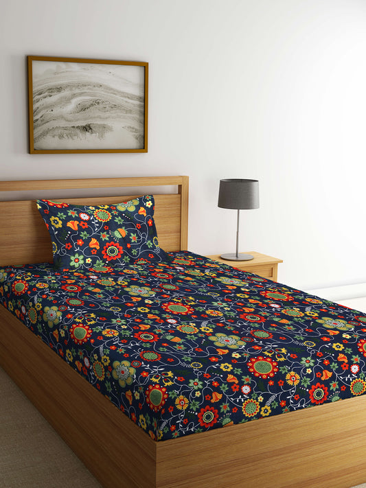 Arrabi Blue Floral TC Cotton Blend Single Size Bedsheet with 1 Pillow Cover (215 x 150 cm)