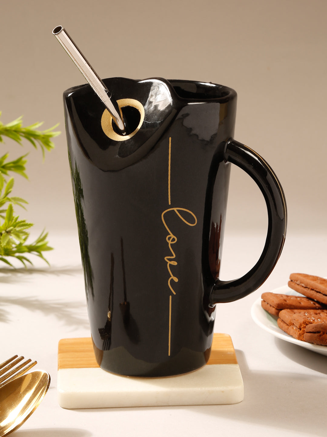 Printed Ceramic Glossy Mug With Steel Straw