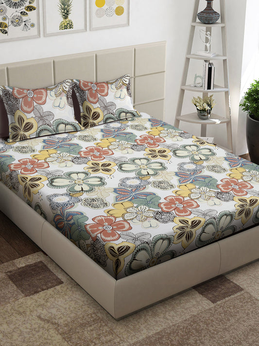 Arrabi Multi Floral TC Cotton Blend Super King Size Bedsheet with 2 Pillow Covers (270 x 260 cm)