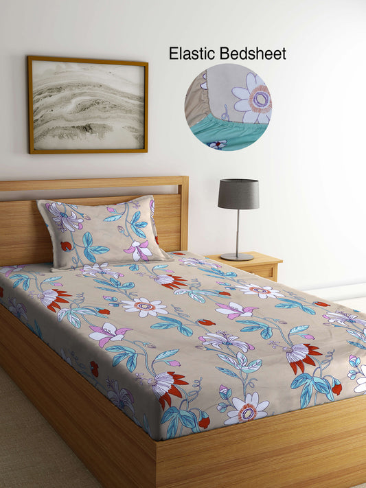 Arrabi Brown Floral TC Cotton Blend Single Size Fitted Bedsheet with 1 Pillow Cover (215 X 150 cm)