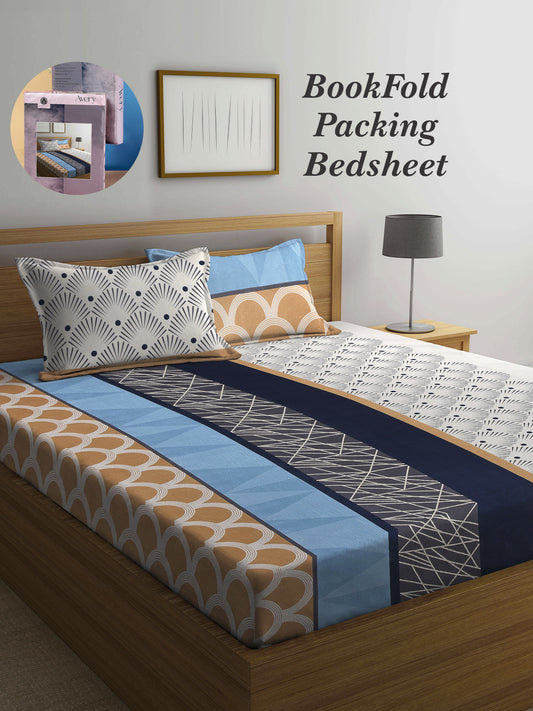 Arrabi Multi Geometric TC Cotton Blend Super King Size Bookfold Bedsheet with 2 Pillow Covers (270 X 260 cm)