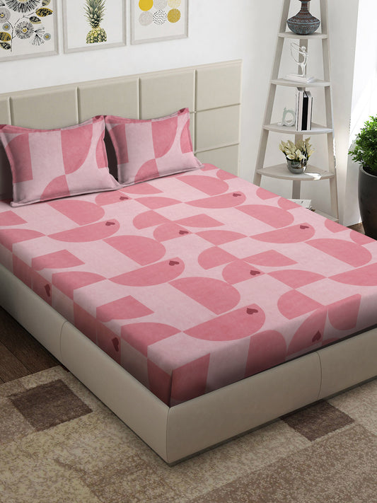 Arrabi Pink Geometric TC Cotton Blend King Size Bedsheet with 2 Pillow Covers (250 x 215 cm)