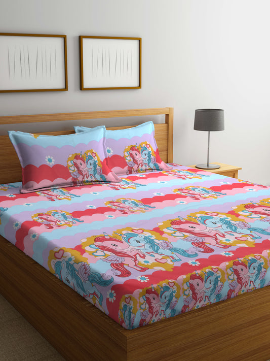 Arrabi Multi Cartoon TC Cotton Blend King Size Bedsheet with 2 Pillow Covers (250 X 215 cm)