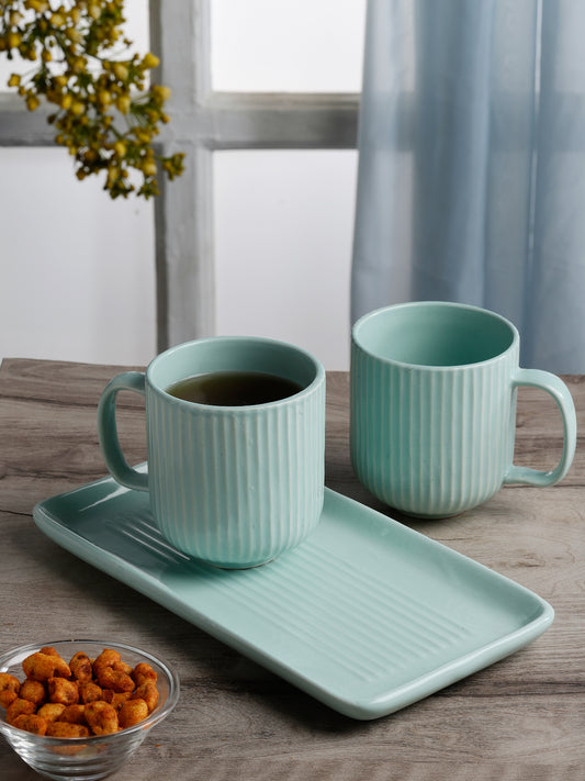 Stripped Set of 2 Ceramic Mugs With Tray