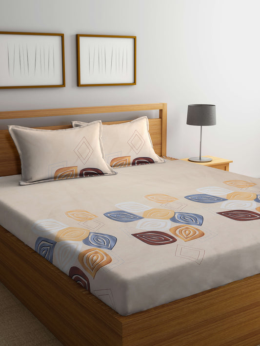 Arrabi Cream Leaf TC Cotton Blend King Size Bedsheet with 2 Pillow Covers (250 X 215 cm)