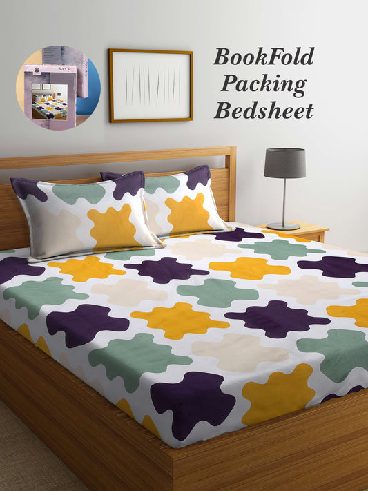 Arrabi Multi Graphic TC Cotton Blend King Size Bookfold Bedsheet with 2 Pillow Covers (250 X 215 cm)