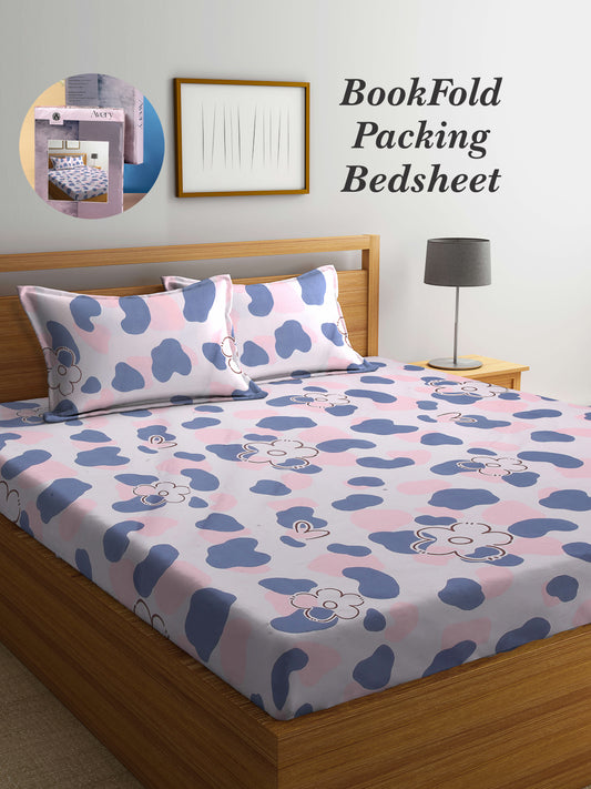 Arrabi Pink Floral TC Cotton Blend King Size Bookfold Bedsheet with 2 Pillow Covers (250 X 215 cm)