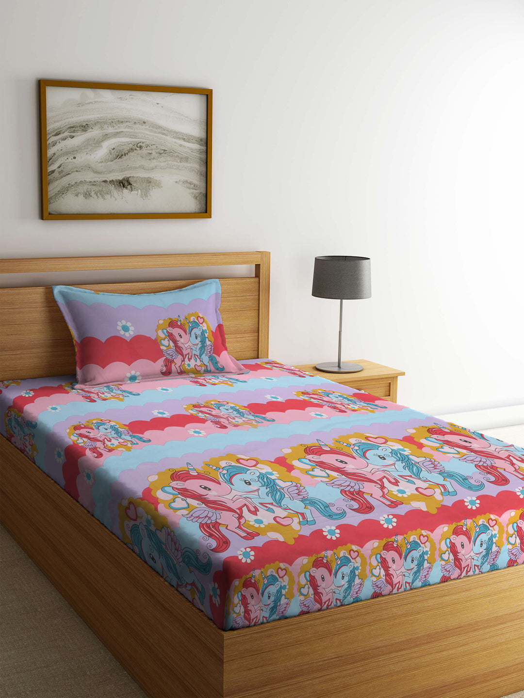 Arrabi Multi Cartoon TC Cotton Blend Single Size Bedsheet with 1 Pillow Cover (215 x 150 cm)