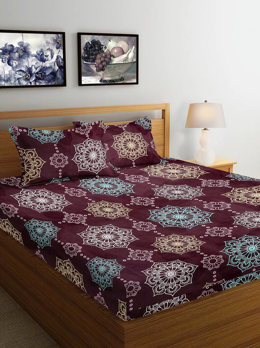 Arrabi Violet Indian TC Cotton Blend King Size Bedsheet with 2 Pillow Covers (250 x 215 cm)