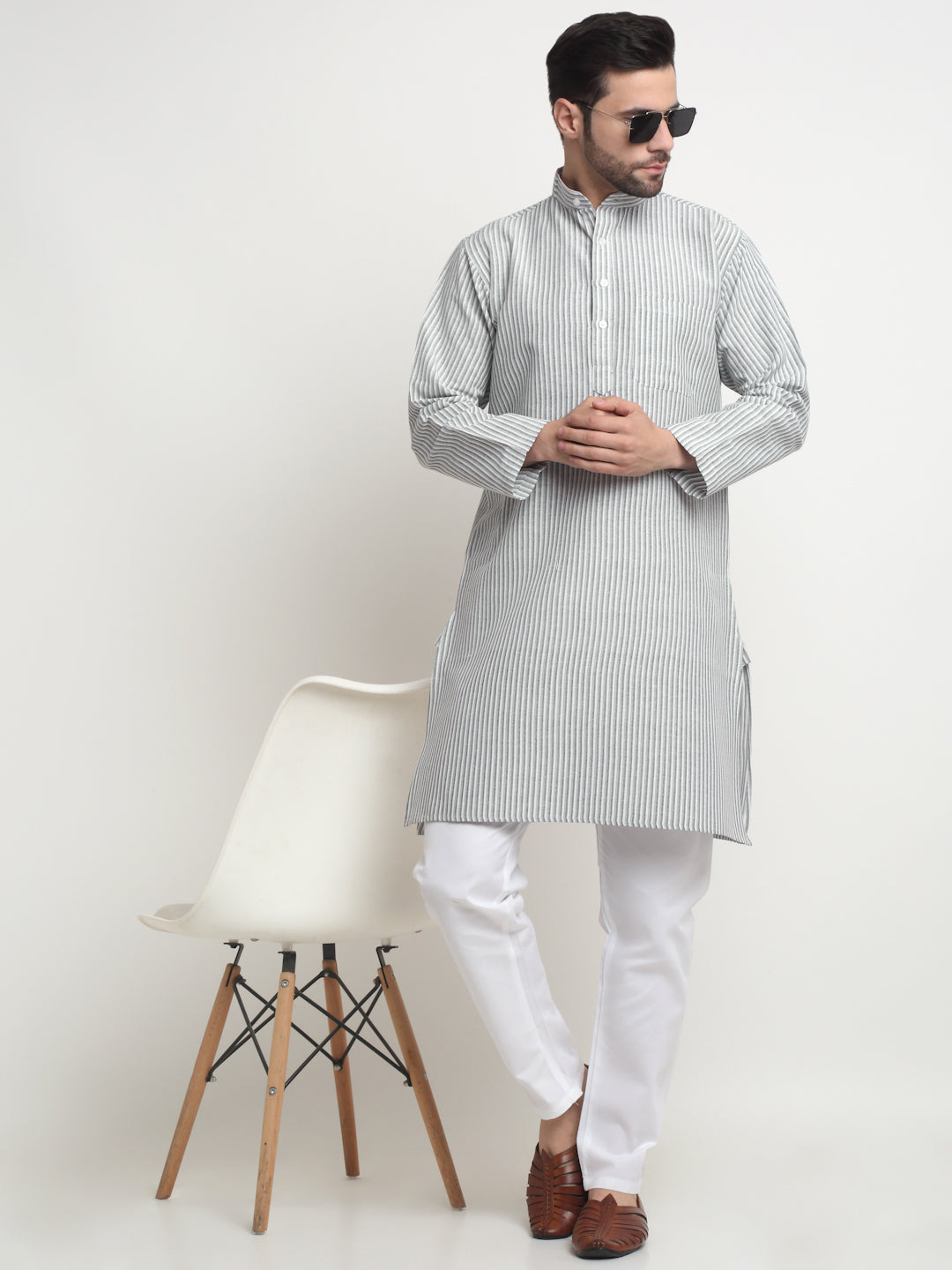 Arrabi Men Indian Fashion Grey Pure Cotton Stripped Straight Kurta