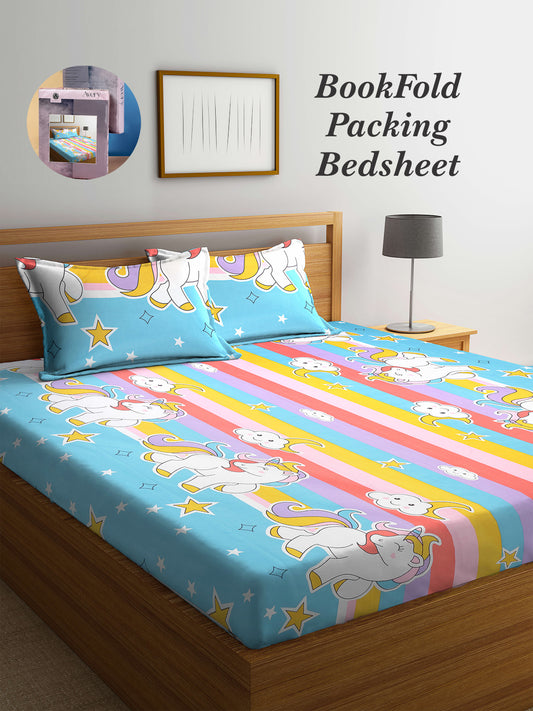 Arrabi Multi Cartoon TC Cotton Blend King Size Bookfold Bedsheet with 2 Pillow Covers (250 X 220 cm)