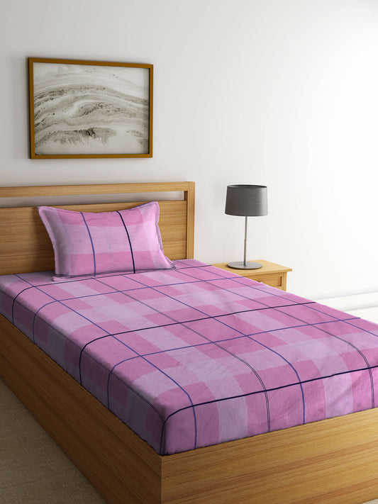 Arrabi Pink Geometric TC Cotton Blend Single Size Bedsheet with 1 Pillow Cover (215 x 150 cm)