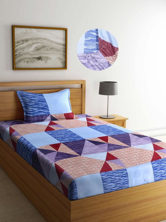 Arrabi Multi Geometric TC Cotton Blend Single Size Fitted Bedsheet with 1 Pillow Cover (220 X 150 cm)