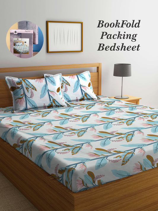 Arrabi Multi Leaf TC Cotton Blend King Size Bookfold Bedsheet with 2 Pillow Covers (250 X 215 cm)
