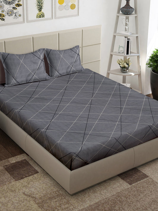 Arrabi Grey Geometric TC Cotton Blend King Size Bedsheet with 2 Pillow Covers (250 x 215 cm)