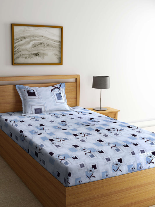 Arrabi White Floral TC Cotton Blend Single Size Bedsheet with 1 Pillow Cover (215 x 150 cm)