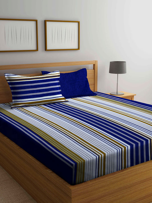 Arrabi Blue Stripes TC Cotton Blend Super King Size Bedsheet with 2 Pillow Covers (270 x 260 cm)