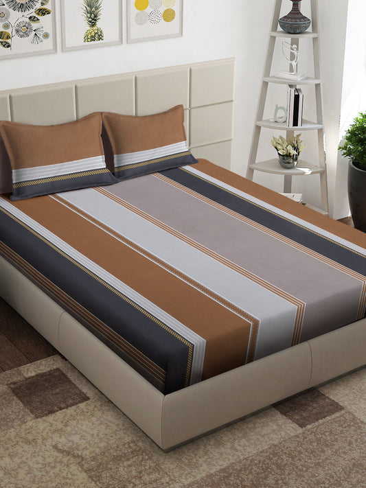 Arrabi Grey Stripes TC Cotton Blend King Size Bedsheet with 2 Pillow Covers (250 x 215 cm)