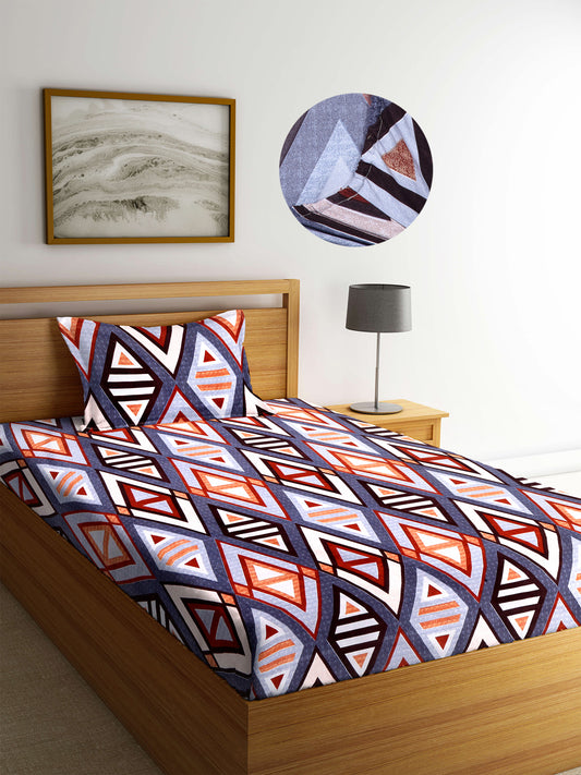 Arrabi Multi Geometric TC Cotton Blend Single Size Fitted Bedsheet with 1 Pillow Cover (220 X 150 cm)