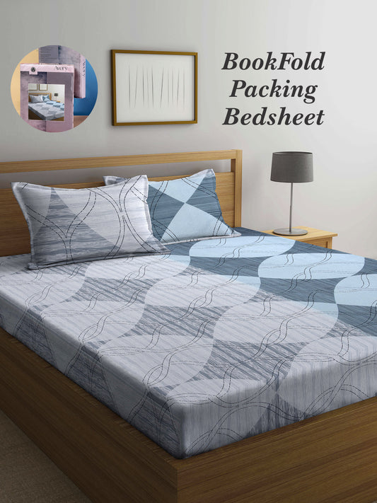 Arrabi Multi Graphic TC Cotton Blend Super King Size Bookfold Bedsheet with 2 Pillow Covers (270 X 260 cm)