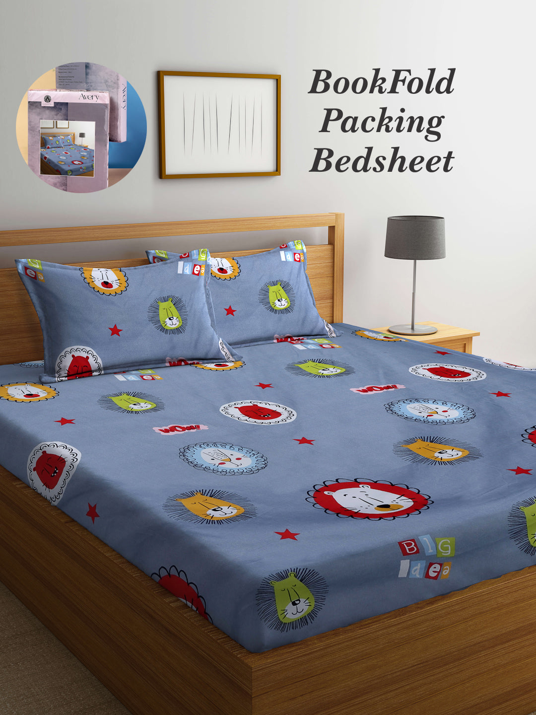 Arrabi Grey Cartoon TC Cotton Blend King Size Bookfold Bedsheet with 2 Pillow Covers (250 X 215 cm)