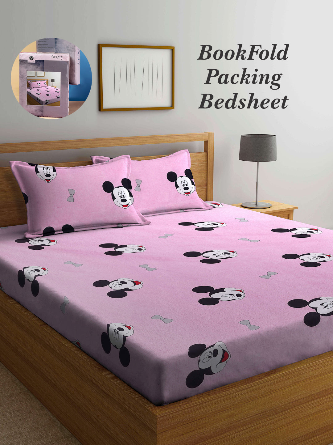 Arrabi Pink Cartoon TC Cotton Blend King Size Bookfold Bedsheet with 2 Pillow Covers (250 X 215 cm)