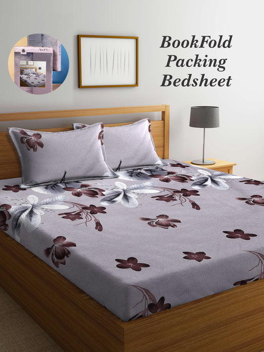 Arrabi Brown Floral TC Cotton Blend King Size Bookfold Bedsheet with 2 Pillow Covers (250 X 215 cm)