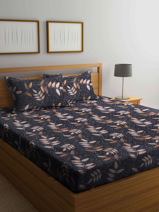 Arrabi Black Leaf TC Cotton Blend King Size Bedsheet with 2 Pillow Cover (250 x 225 cm)