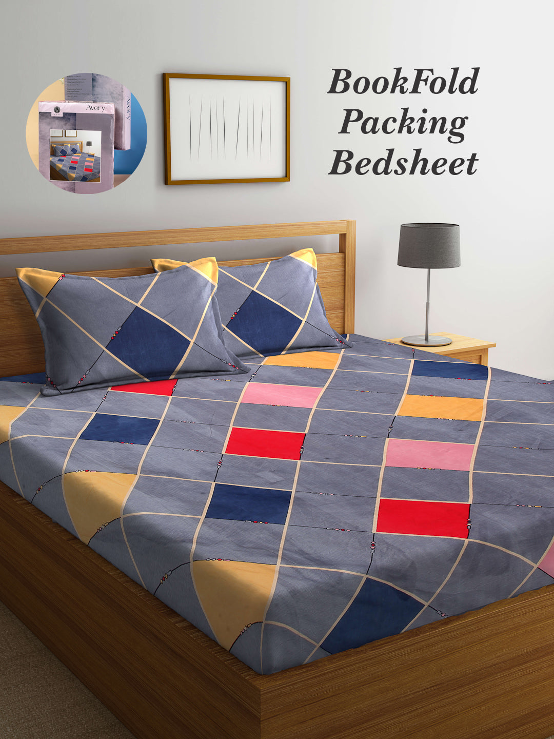 Arrabi Grey Geometric TC Cotton Blend Super King Size Bookfold Bedsheet with 2 Pillow Covers (270 X 260 cm)