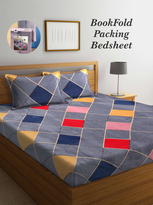 Arrabi Grey Geometric TC Cotton Blend Super King Size Bookfold Bedsheet with 2 Pillow Covers (270 X 260 cm)