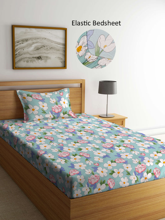 Arrabi Blue Floral TC Cotton Blend Single Size Fitted Bedsheet with 1 Pillow Cover (215 X 150 cm)