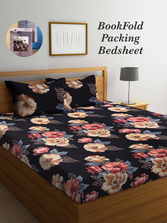 Arrabi Black Floral TC Cotton Blend King Size Bookfold Bedsheet with 2 Pillow Covers (250 X 220 cm)