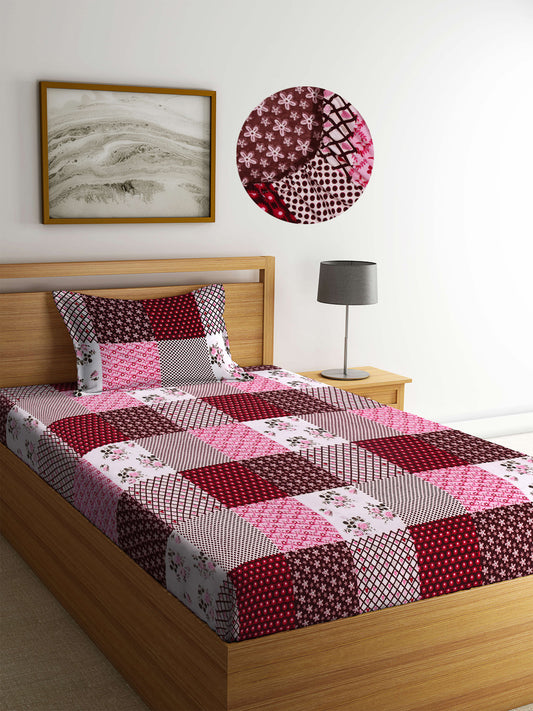 Arrabi Multi Geometric TC Cotton Blend Single Size Fitted Bedsheet with 1 Pillow Cover (220 X 150 cm)