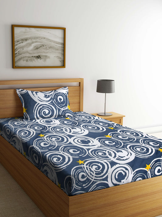 Arrabi Grey Geometric TC Cotton Blend Single Size Bedsheet with 1 Pillow Cover (215 x 150 cm)
