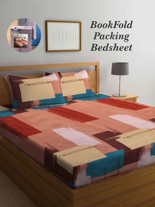 Arrabi Multi Abstract TC Cotton Blend Super King Size Bookfold Bedsheet with 2 Pillow Covers (270 X 260 cm)