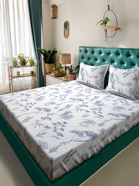 Arrabi Cream Floral TC Cotton Blend Super King Size Bedsheet with 2 Pillow Covers (270 x 260 cm)