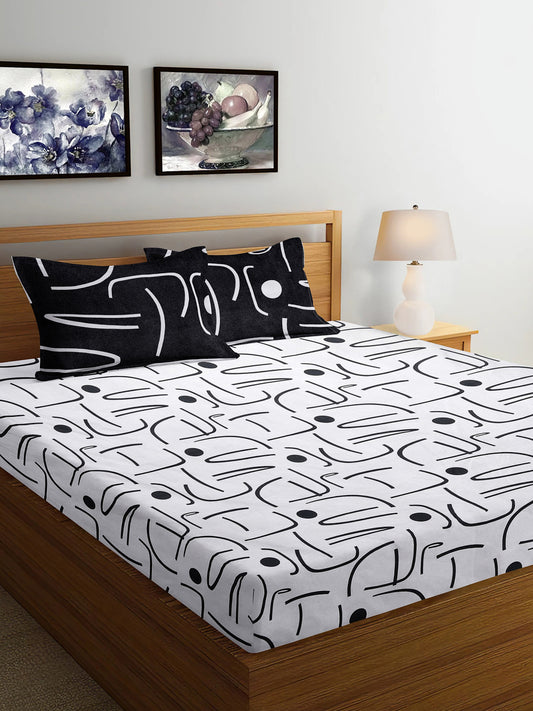 Arrabi Grey Geometric TC Cotton Blend Super King Size Bedsheet with 2 Pillow Covers (270 x 260 cm)
