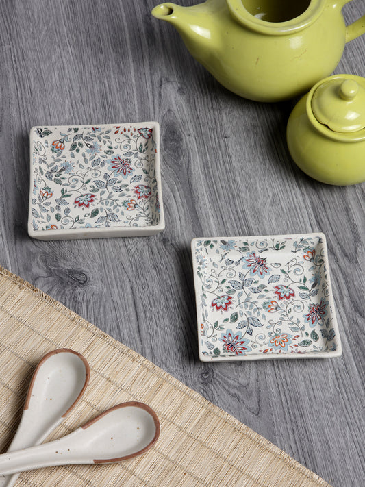 Handcrafted Stoneware Floral Set of 2 Tray