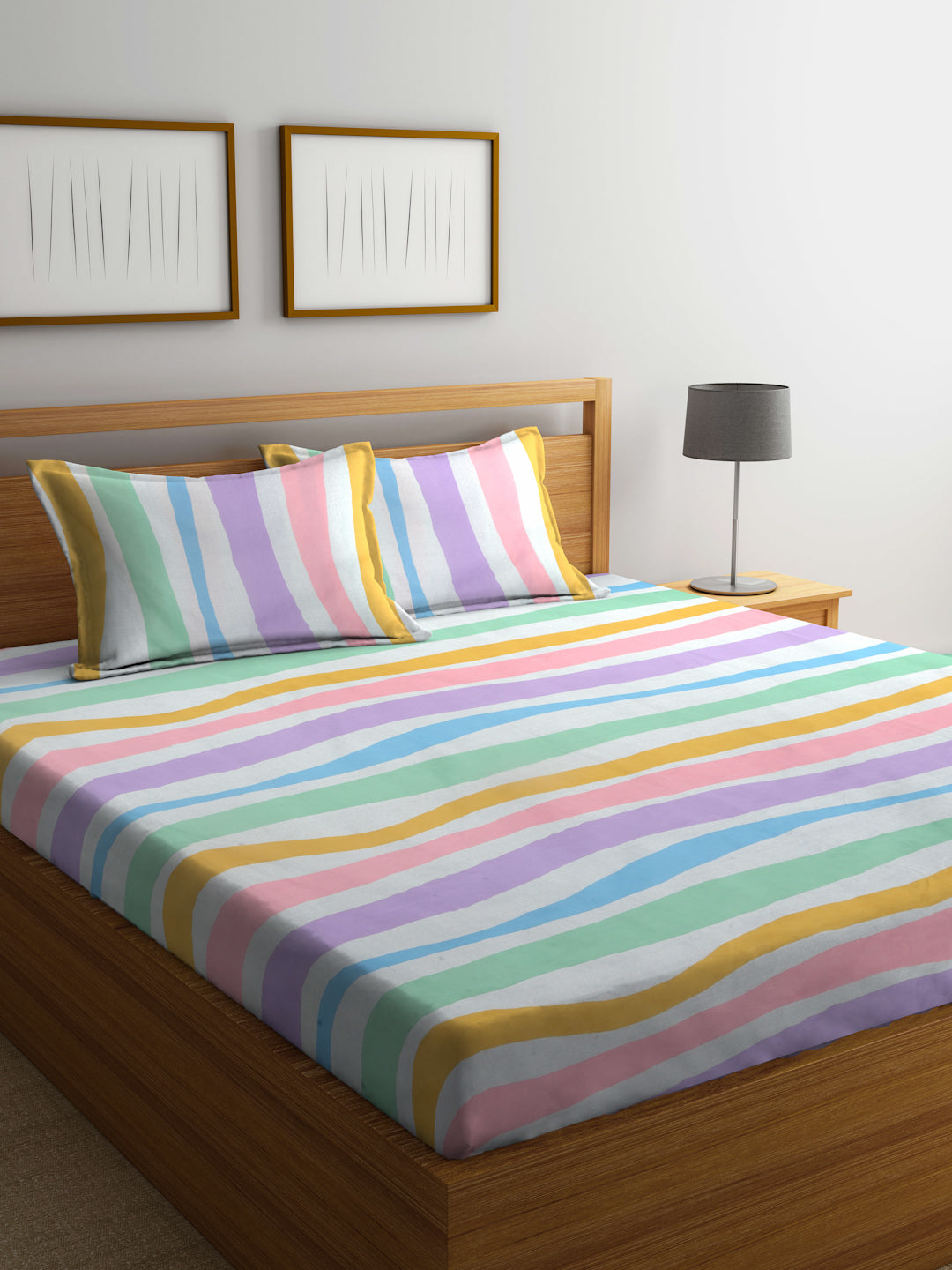 Arrabi Multi Stripes TC Cotton Blend King Size Bedsheet with 2 Pillow Covers (250 X 215 cm)